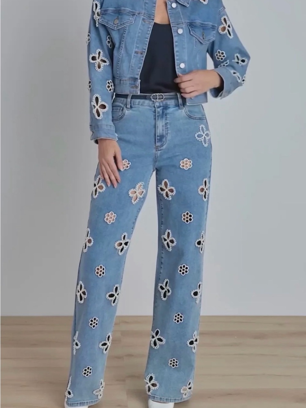 NWOT Nol Light Blue Flared Jeans with White Floral and Pearl Cutouts